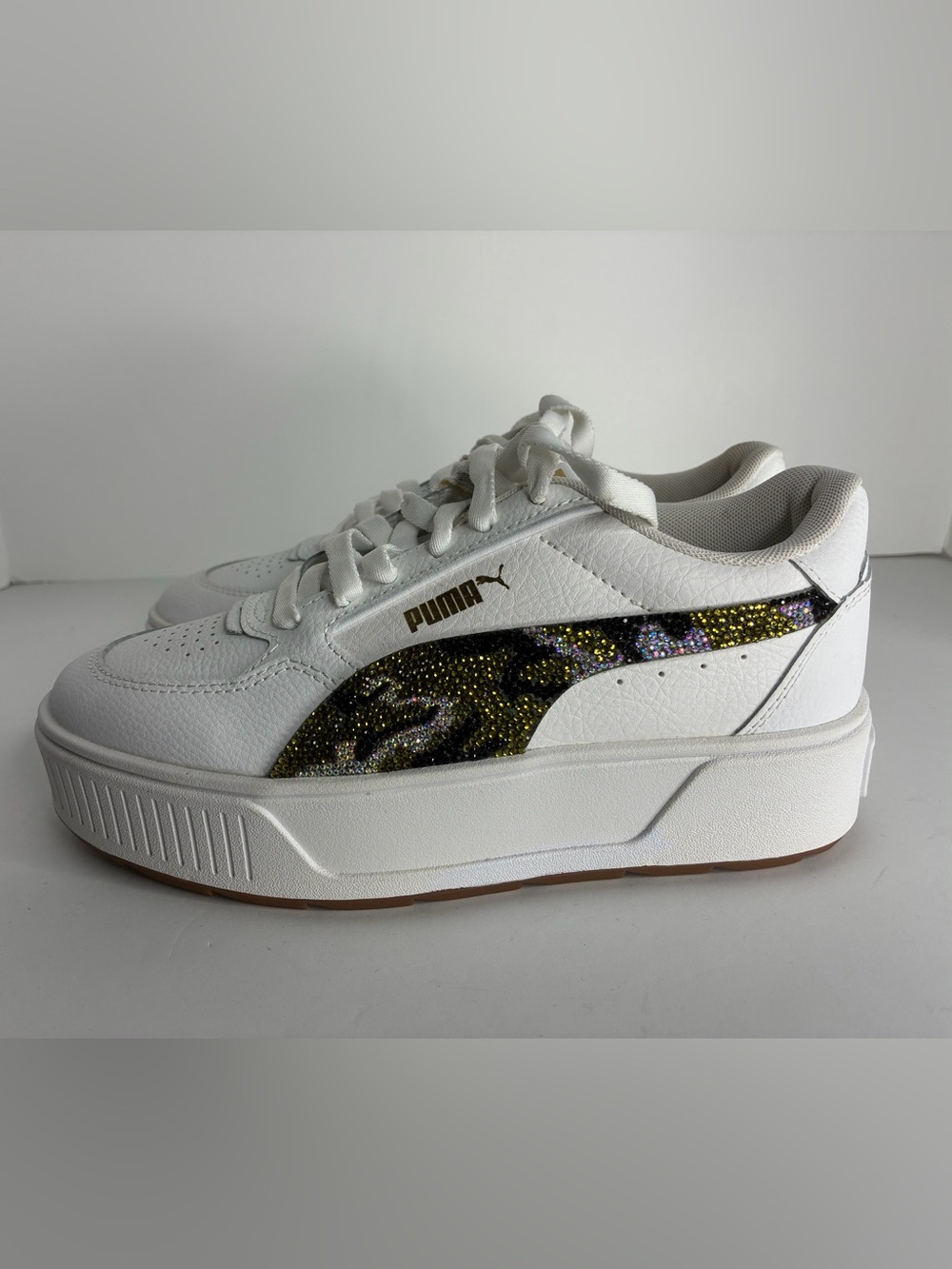 Custom Rhinestone Camo Puma White Platform Sneakers with